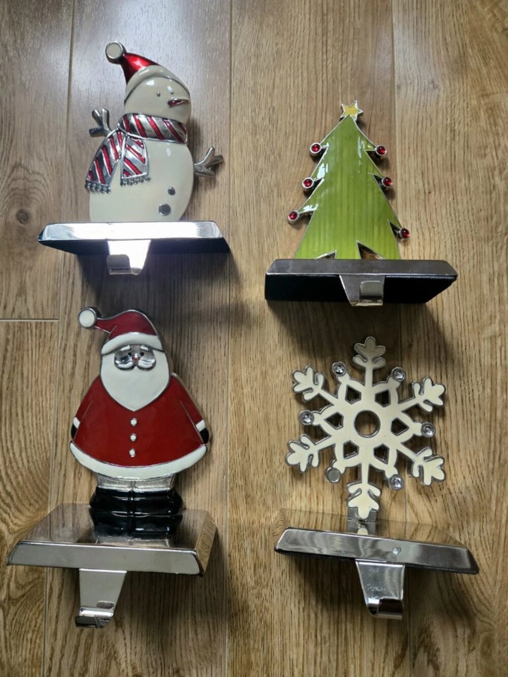 Set of 4 Christmas Weighted Stocking Holders in Metal with Enamel. Great Detail!